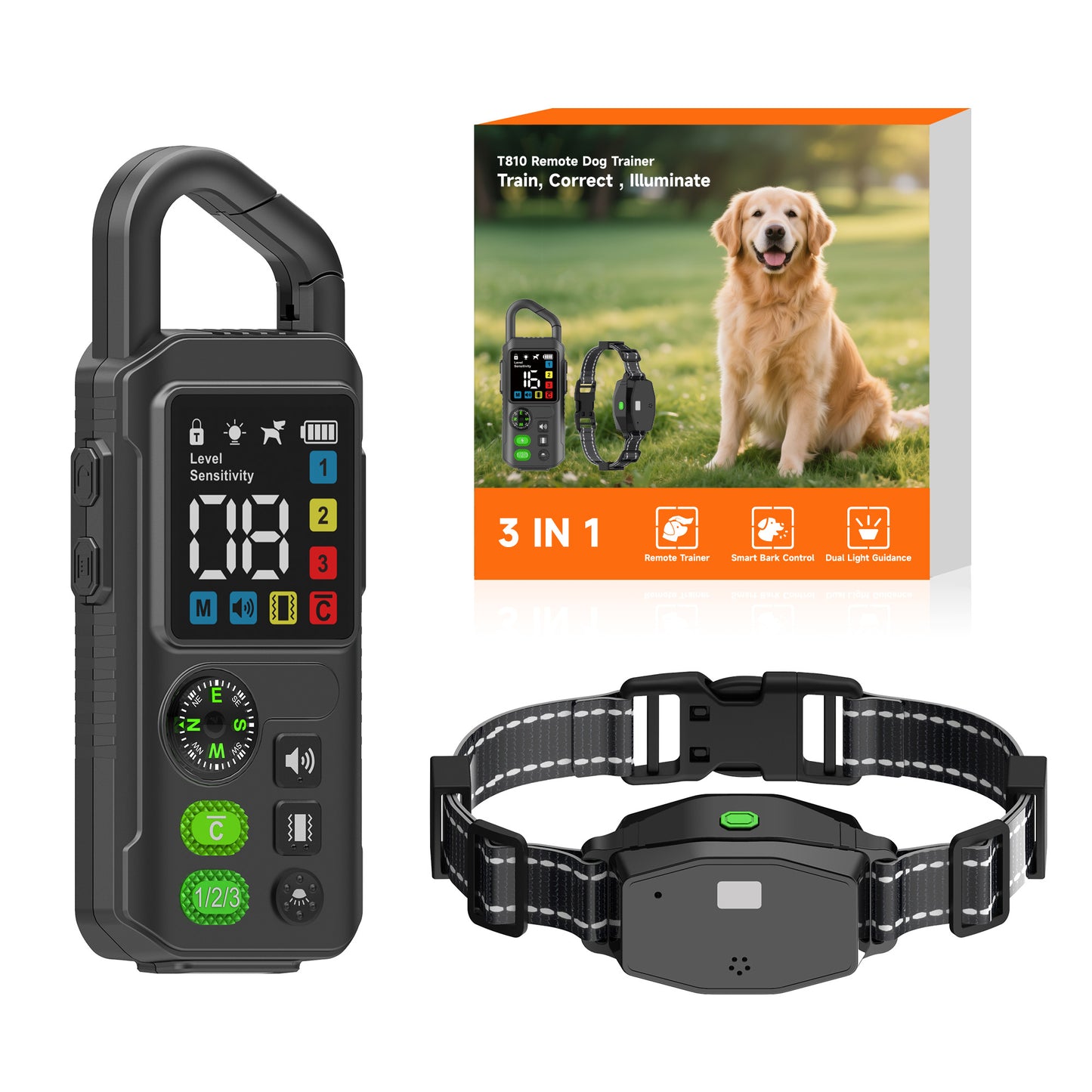 T810 3-in-1 / 2-in-1 Remote + Automatic Anti-Barking Dog Collar with Powerful LED Torch