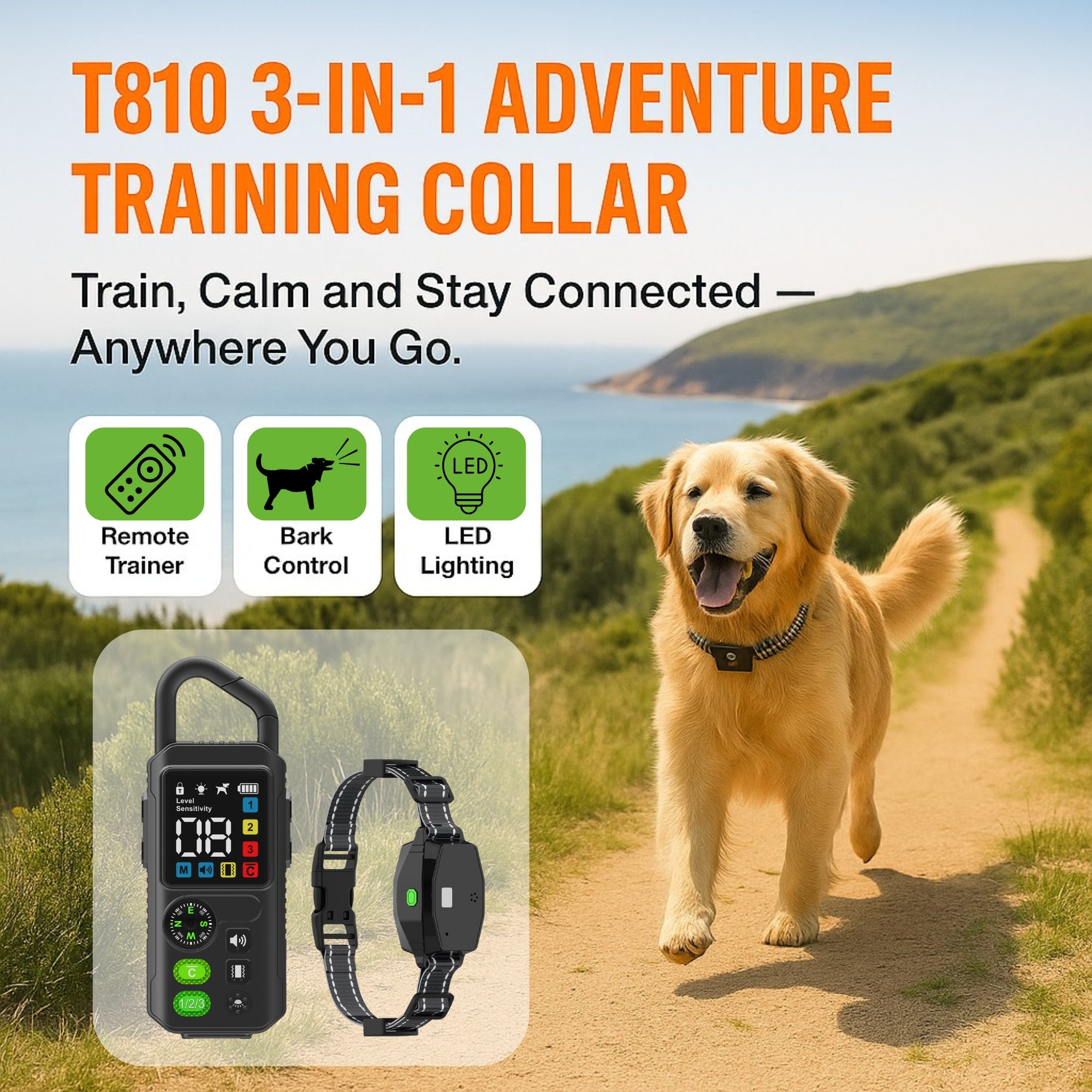 T810 3-in-1 Remote & Anti-Bark Dog Training Collar with LED Safety Torch