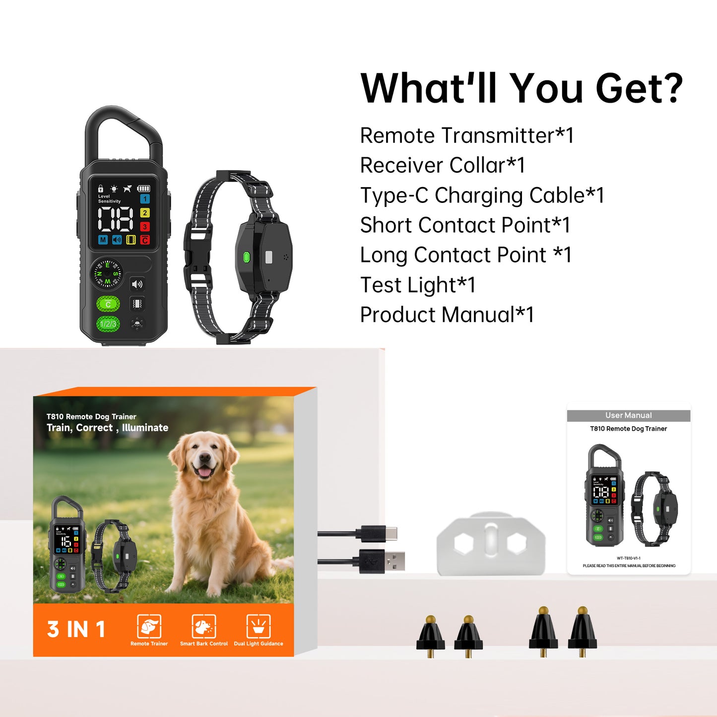 T810 3-in-1 / 2-in-1 Remote + Automatic Anti-Barking Dog Collar with Powerful LED Torch